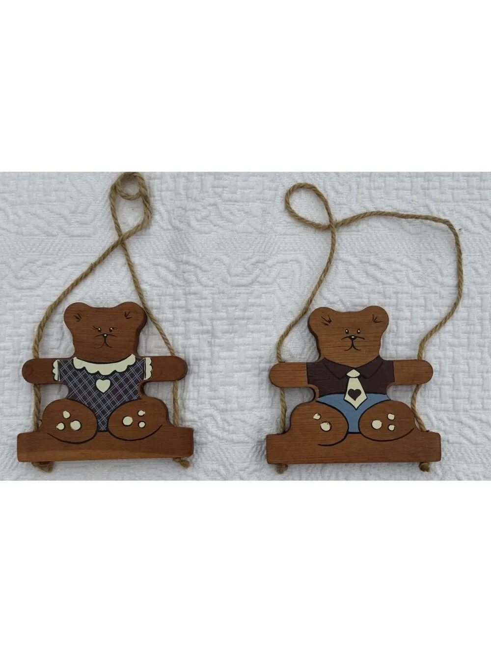 Vintage Cottage Core Pair of Wooden Teddy Bear Wall Hangings
